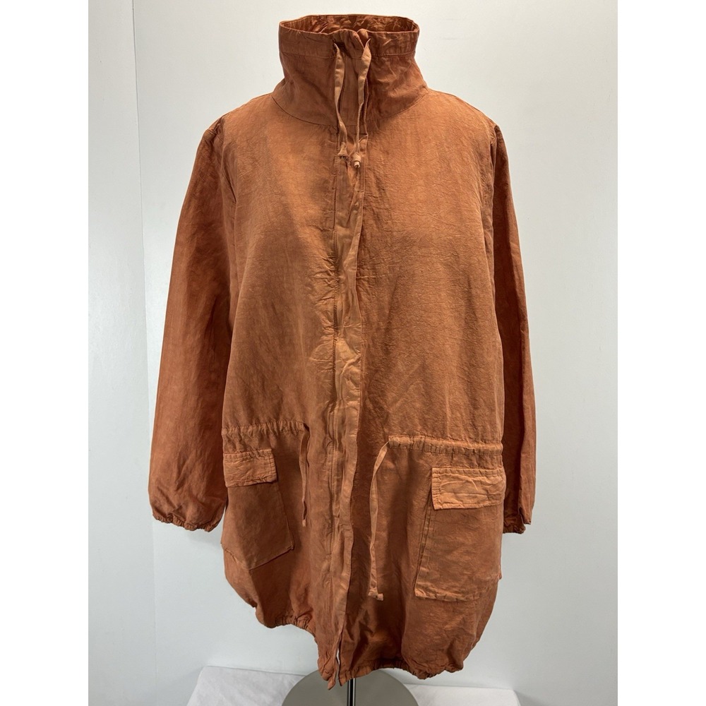 Lisa Bayne Linen Blend Sylvia Anorak Jacket Women's L Orange Lagenlook Made USA